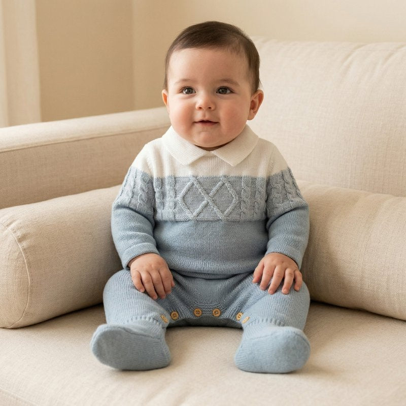 Macacão Bebê Menino Tricô com Gola Polo Moda Vintage Infantil 81 Kabannas Azul claro Recém-nascido 