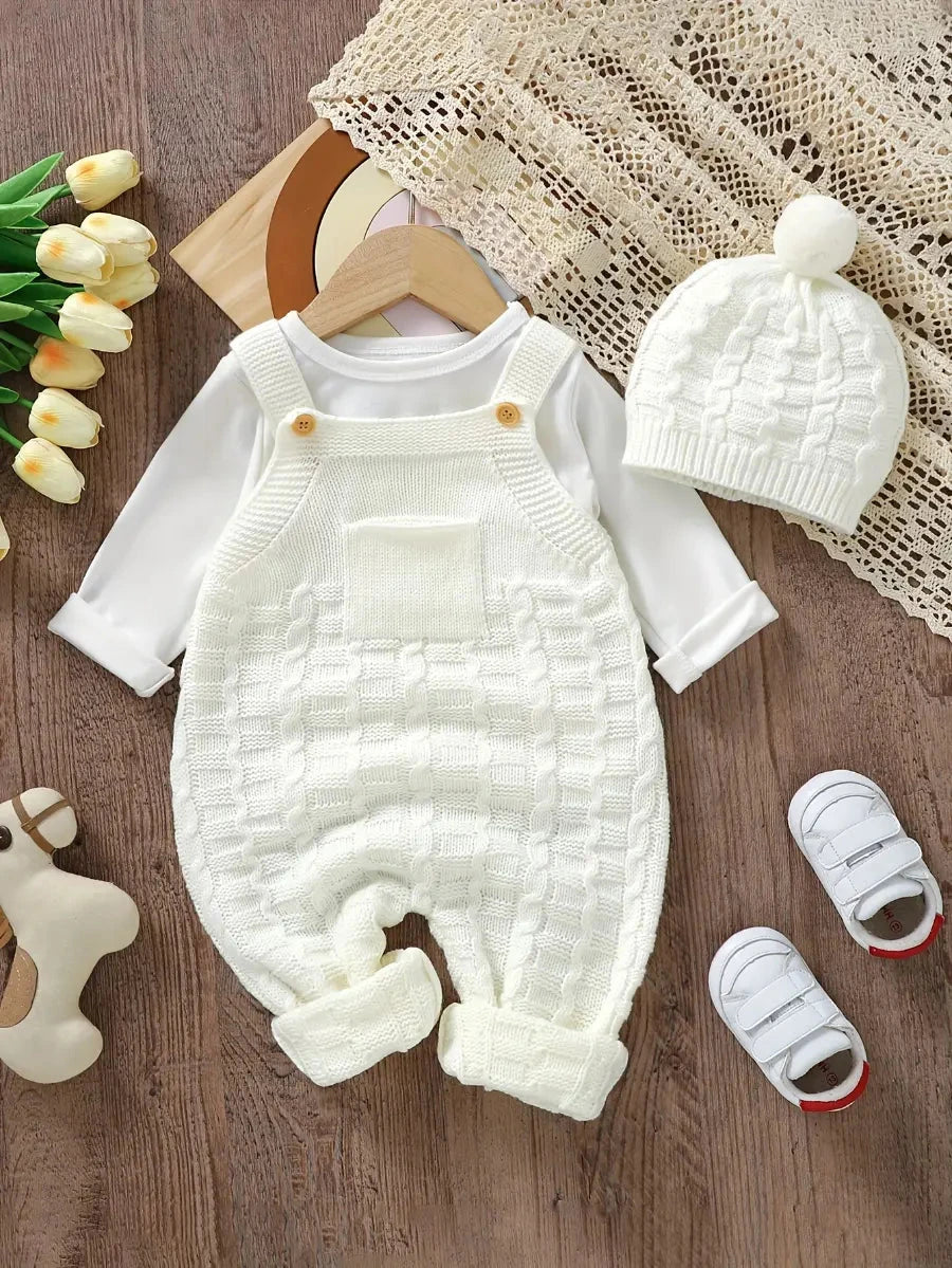 Macacão Bebê Suspensório Tricotado Perna Comprida com Gorro Conjunto 2 Peças Conjunto Unissex 02 Kabannas Branco 1-3 Meses 