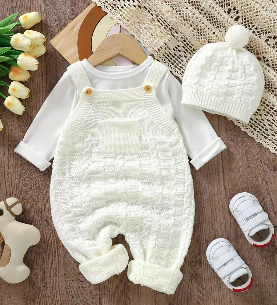 Macacão Bebê Suspensório Tricotado Perna Comprida com Gorro Conjunto 2 Peças Conjunto Unissex 02 Kabannas Branco 1-3 Meses 