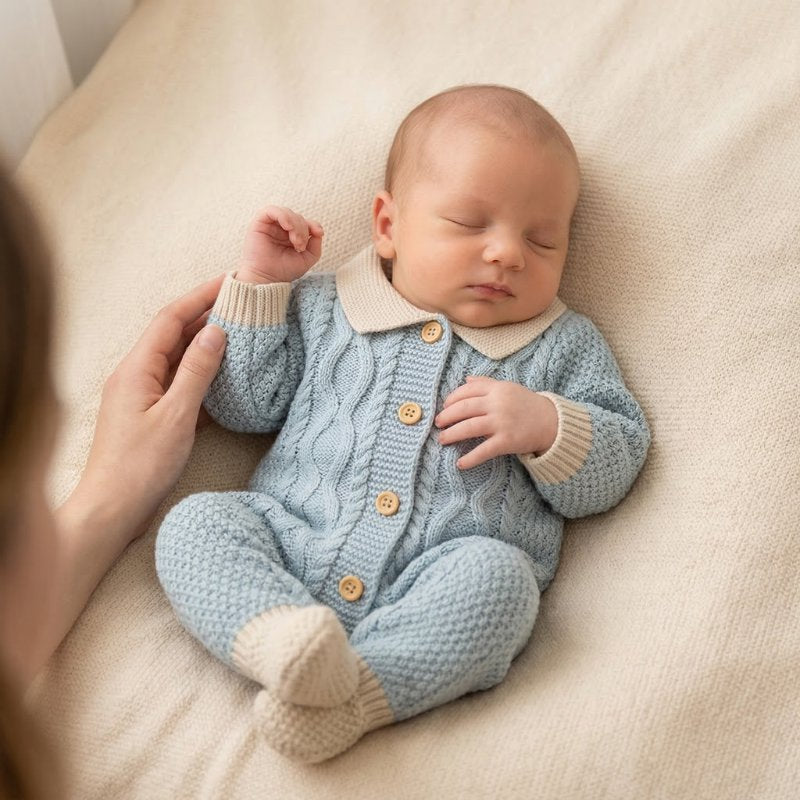 Macacão Bebê Tricô Clássico com Touca 2 Peças Moda Vintage Infantil 77 Kabannas 