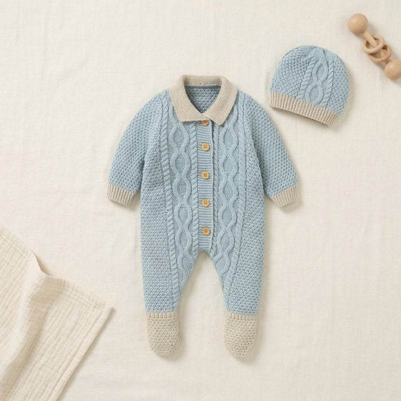 Macacão Bebê Tricô Clássico com Touca 2 Peças Moda Vintage Infantil 77 Kabannas Recém-nascido 