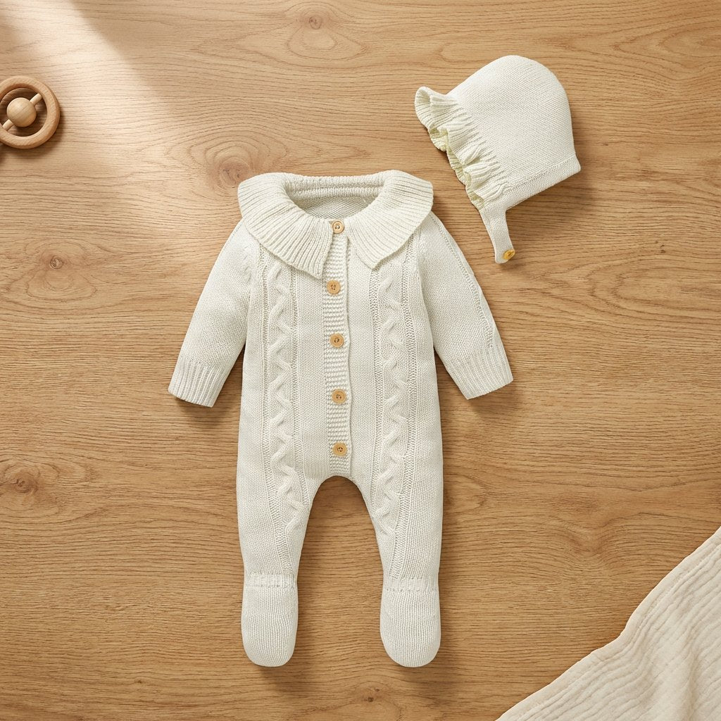 Macacão Bebê Tricô Premium com Touca 2 Peças Unissex Moda Vintage Infantil 89 Kabannas 