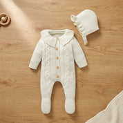 Macacão Bebê Tricô Premium com Touca 2 Peças Unissex Moda Vintage Infantil 89 Kabannas 