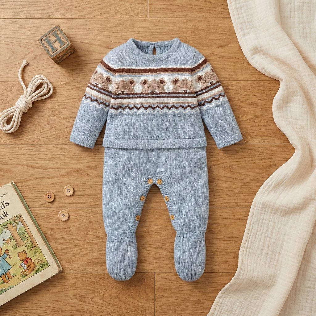 Macacão Bebê Tricô Ursinhos Vintage Manga Longa com Pé Moda Vintage Infantil 87 Kabannas 