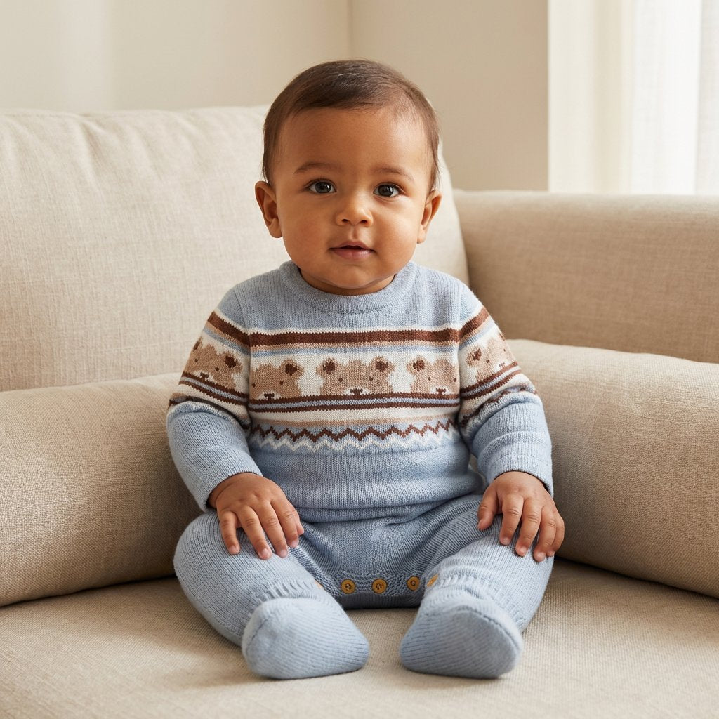 Macacão Bebê Tricô Ursinhos Vintage Manga Longa com Pé Moda Vintage Infantil 87 Kabannas Azul claro Recém-nascido 