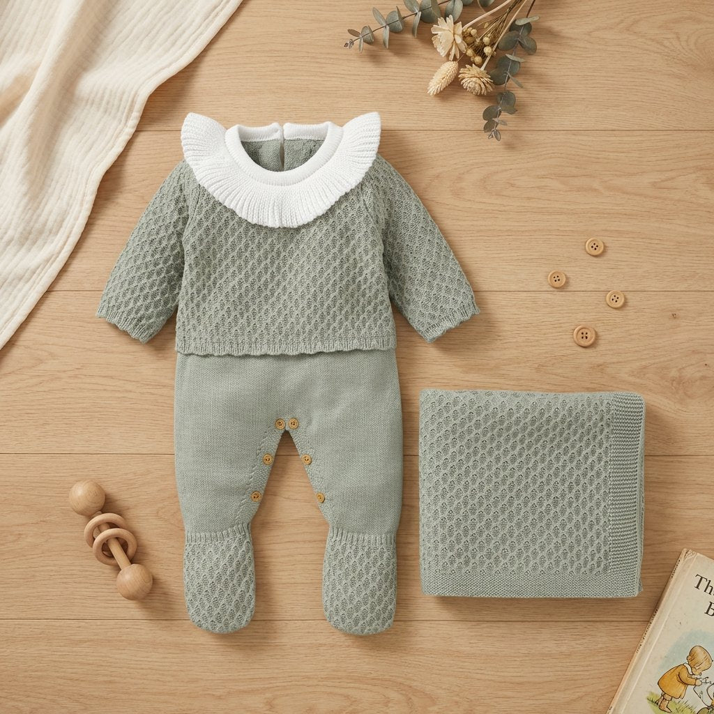 Macacão Bebê Tricô Vintage com Manta 2 Peças Unissex Moda Vintage Infantil 83 Kabannas Verde sage Recém-nascido 