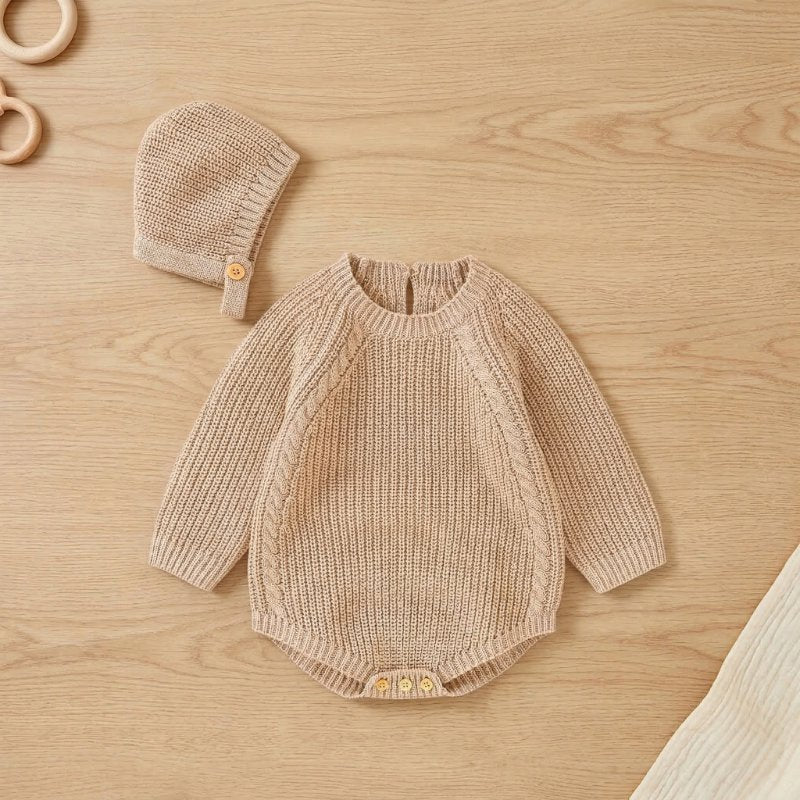 Macacão Bebê Tricô Vintage com Touca 2 Peças Moda Vintage Infantil 76 Kabannas Cáqui 0-3 Meses 