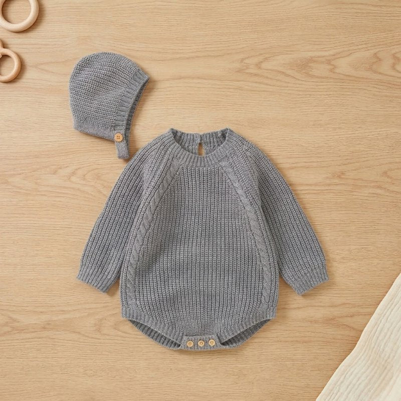 Macacão Bebê Tricô Vintage com Touca 2 Peças Moda Vintage Infantil 76 Kabannas Cinza 0-3 Meses 