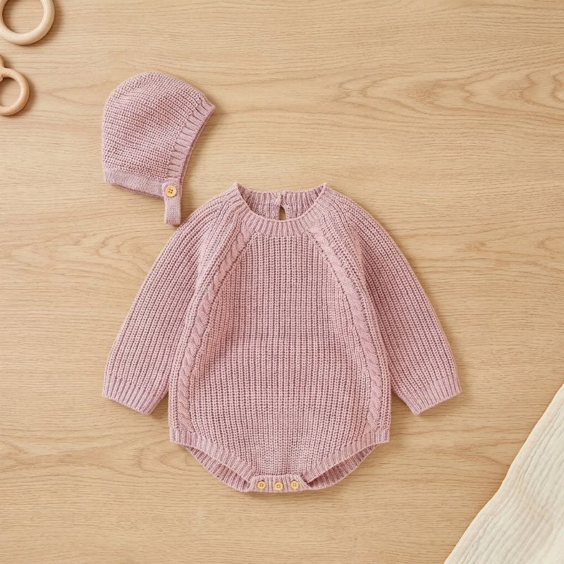 Macacão Bebê Tricô Vintage com Touca 2 Peças Moda Vintage Infantil 76 Kabannas Rosa 0-3 Meses 