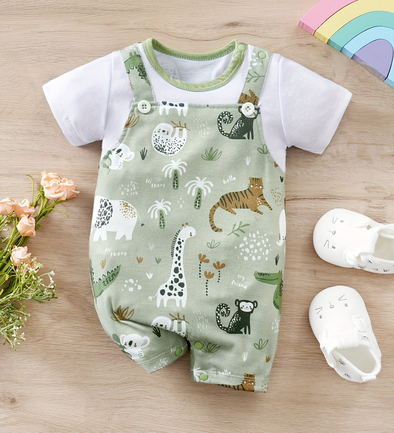 Macacão Body Bebê Menino Manga Curta Estampa Animais Safari Macacão Menino 03 Kabannas Verde e branco 0-3 Meses 