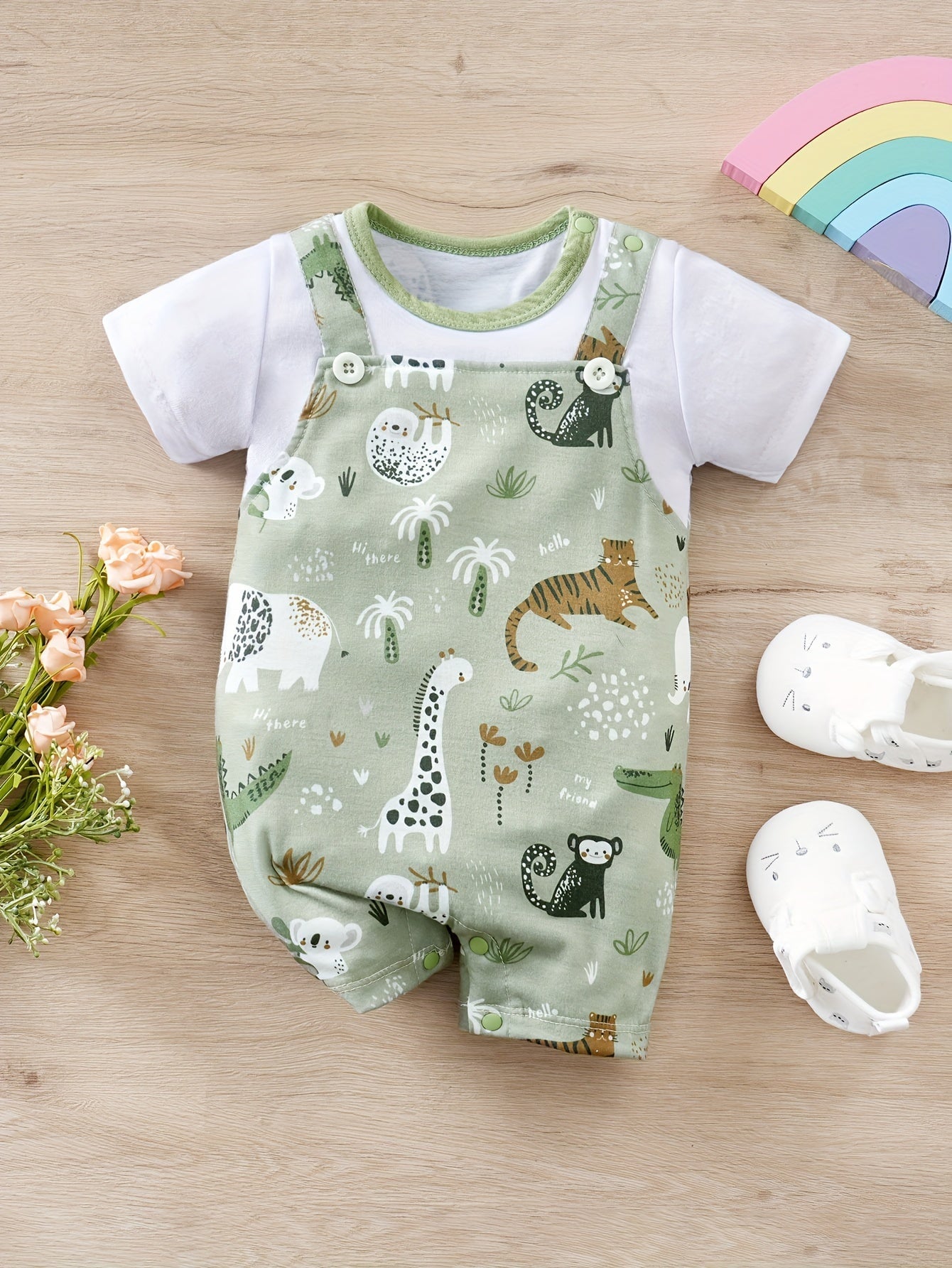 Macacão Body Bebê Menino Manga Curta Estampa Animais Safari Macacão Menino 03 Kabannas Verde e branco 0-3 Meses 