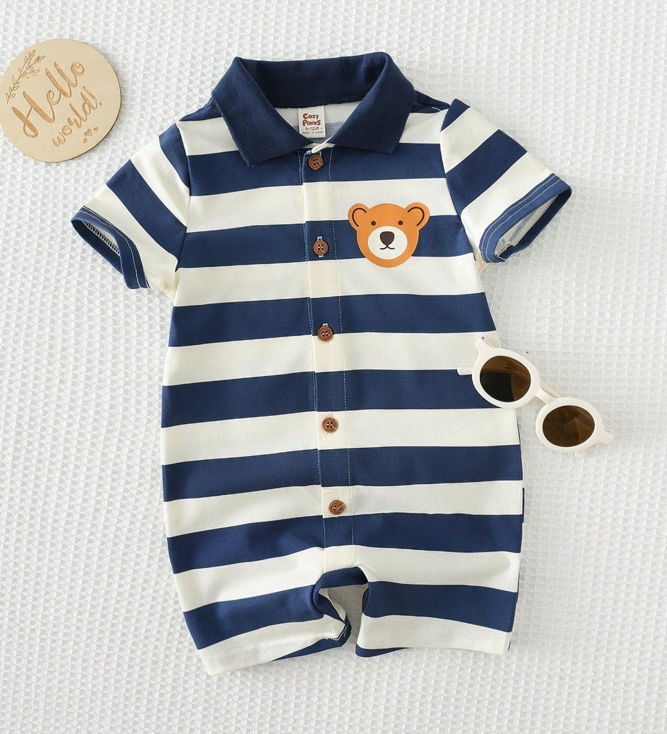 Macacão Body Bebê Menino Polo Listrado Estampa Urso 003 Macacão Menino 06 Kabannas Azul Recém-nascido 