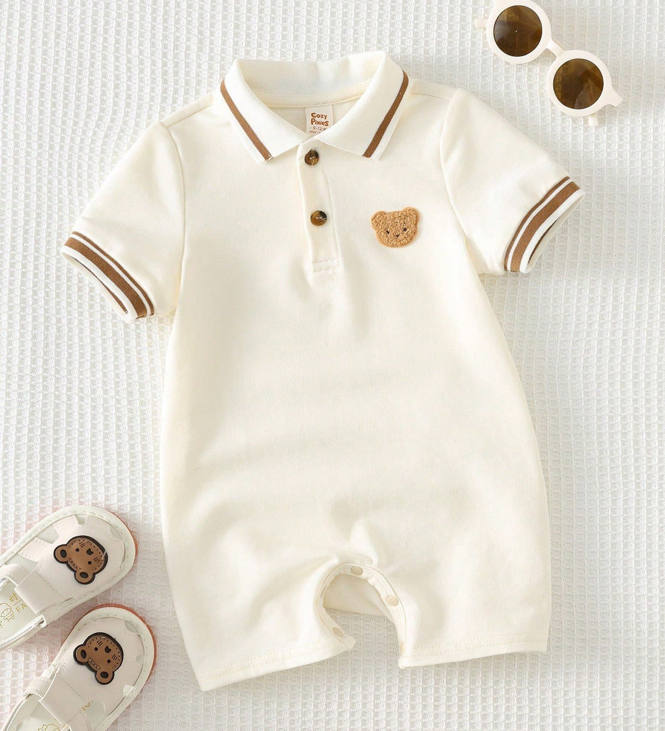 Macacão Body Bebê Menino Polo Manga Curta Patch Urso 001 Macacão Menino 01 Kabannas Off-white Recém-nascido 
