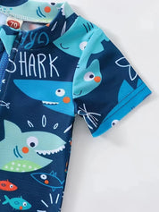 Macacão de Banho Infantil Manga Curta Estampa Tubarão Zíper Proteção Solar Praia e Piscina Macacão de Banho Menino 01 Kabannas 