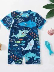 Macacão de Banho Infantil Manga Curta Estampa Tubarão Zíper Proteção Solar Praia e Piscina Macacão de Banho Menino 01 Kabannas 