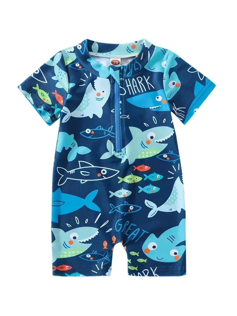 Macacão de Banho Infantil Manga Curta Estampa Tubarão Zíper Proteção Solar Praia e Piscina Macacão de Banho Menino 01 Kabannas Colorido 6-9 Meses 