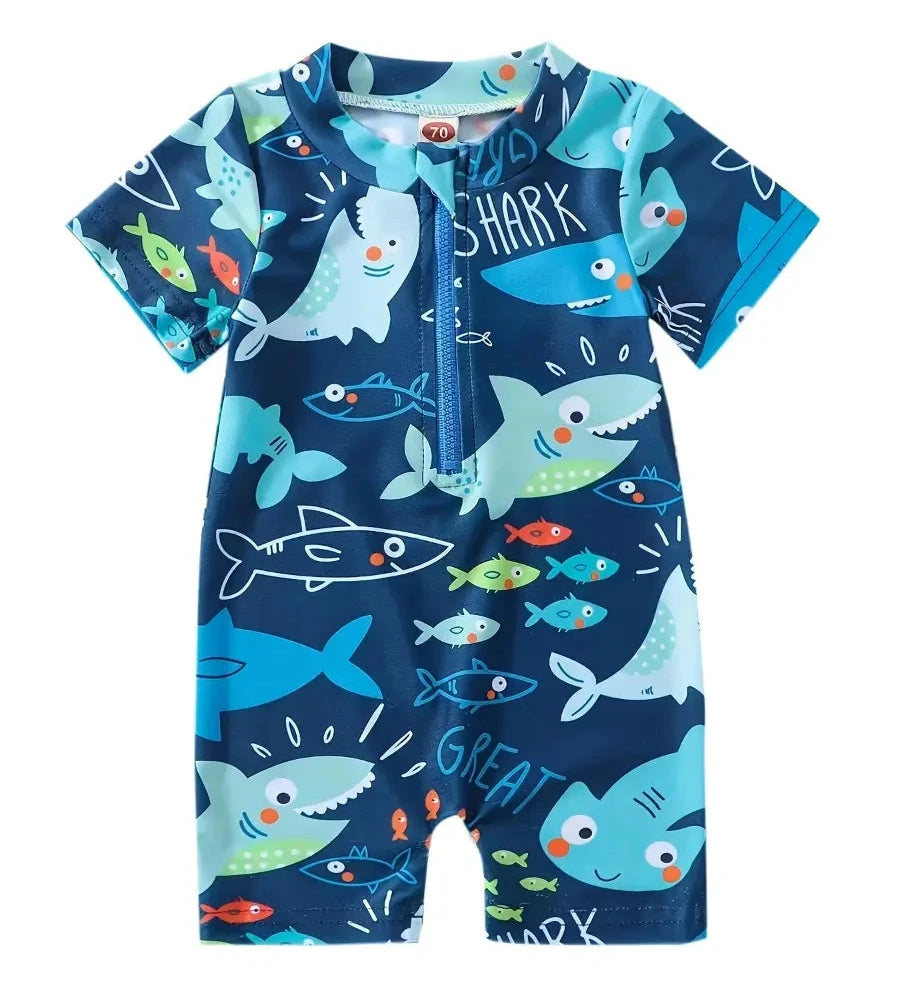 Macacão de Banho Infantil Manga Curta Estampa Tubarão Zíper Proteção Solar Praia e Piscina Macacão de Banho Menino 01 Kabannas Colorido 6-9 Meses 