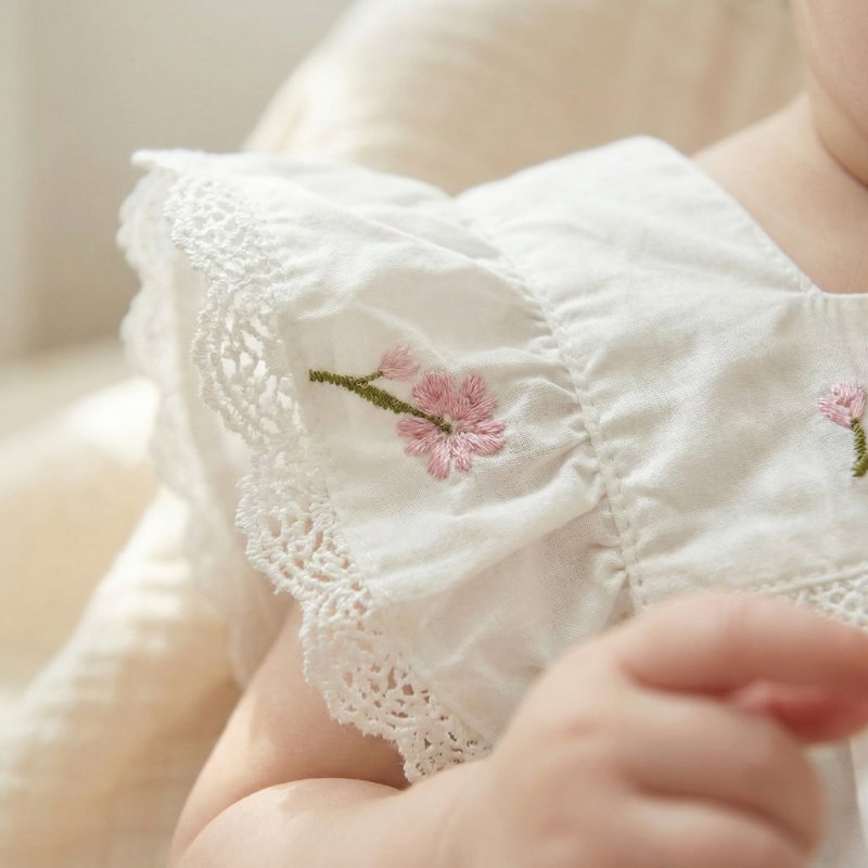 Macacão de Verão para Bebê Menina com Bordado Floral Moda Vintage Infantil 08 Kabannas 