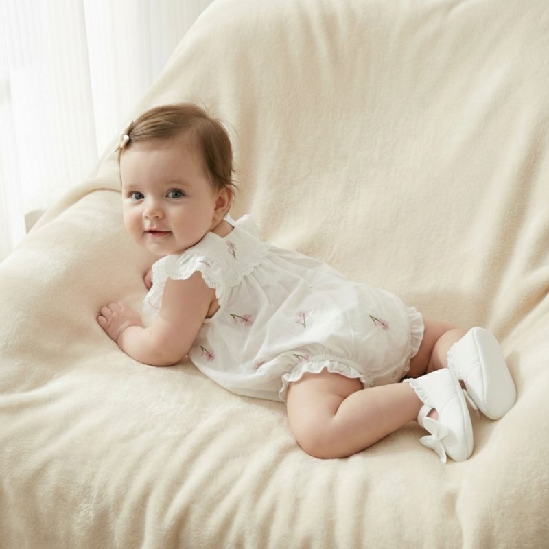 Macacão de Verão para Bebê Menina com Bordado Floral Moda Vintage Infantil 08 Kabannas 