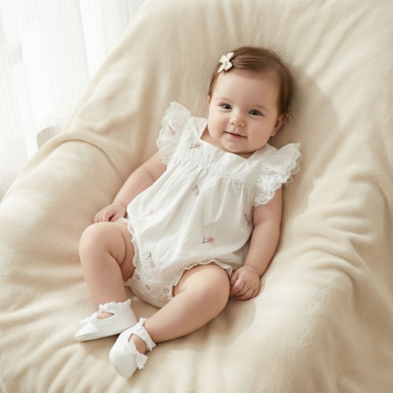 Macacão de Verão para Bebê Menina com Bordado Floral Moda Vintage Infantil 08 Kabannas Branco floral 3-6 Meses 