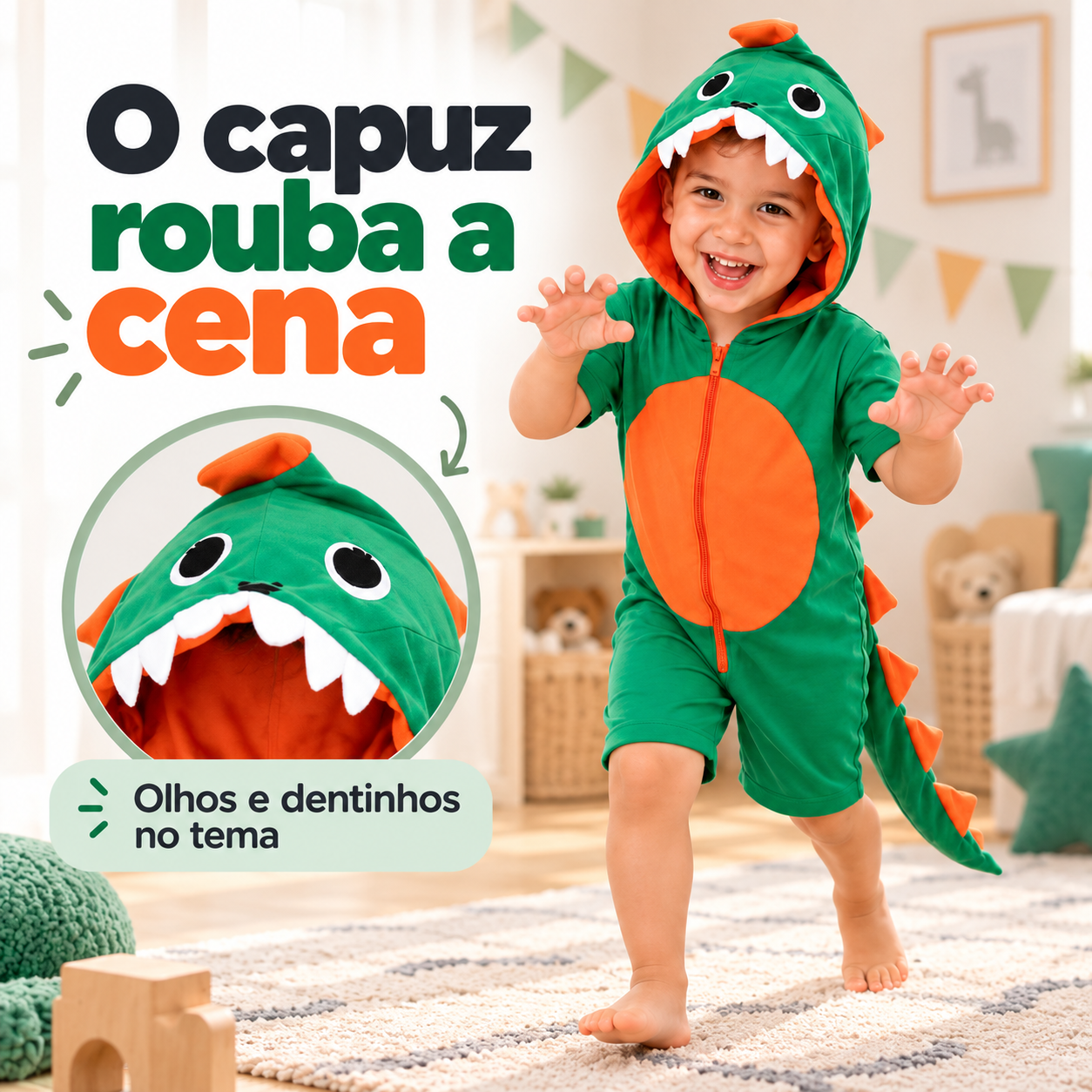 Detalhe do capuz temático com olhos e dentes da fantasia dinossauro.