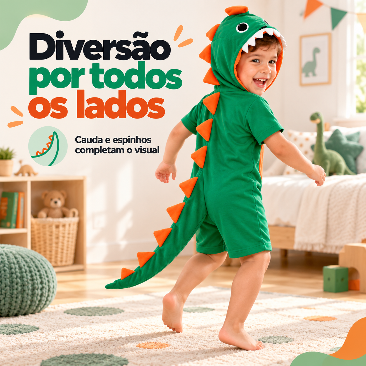 Vista traseira mostrando os espinhos e a cauda do macacão fantasia.