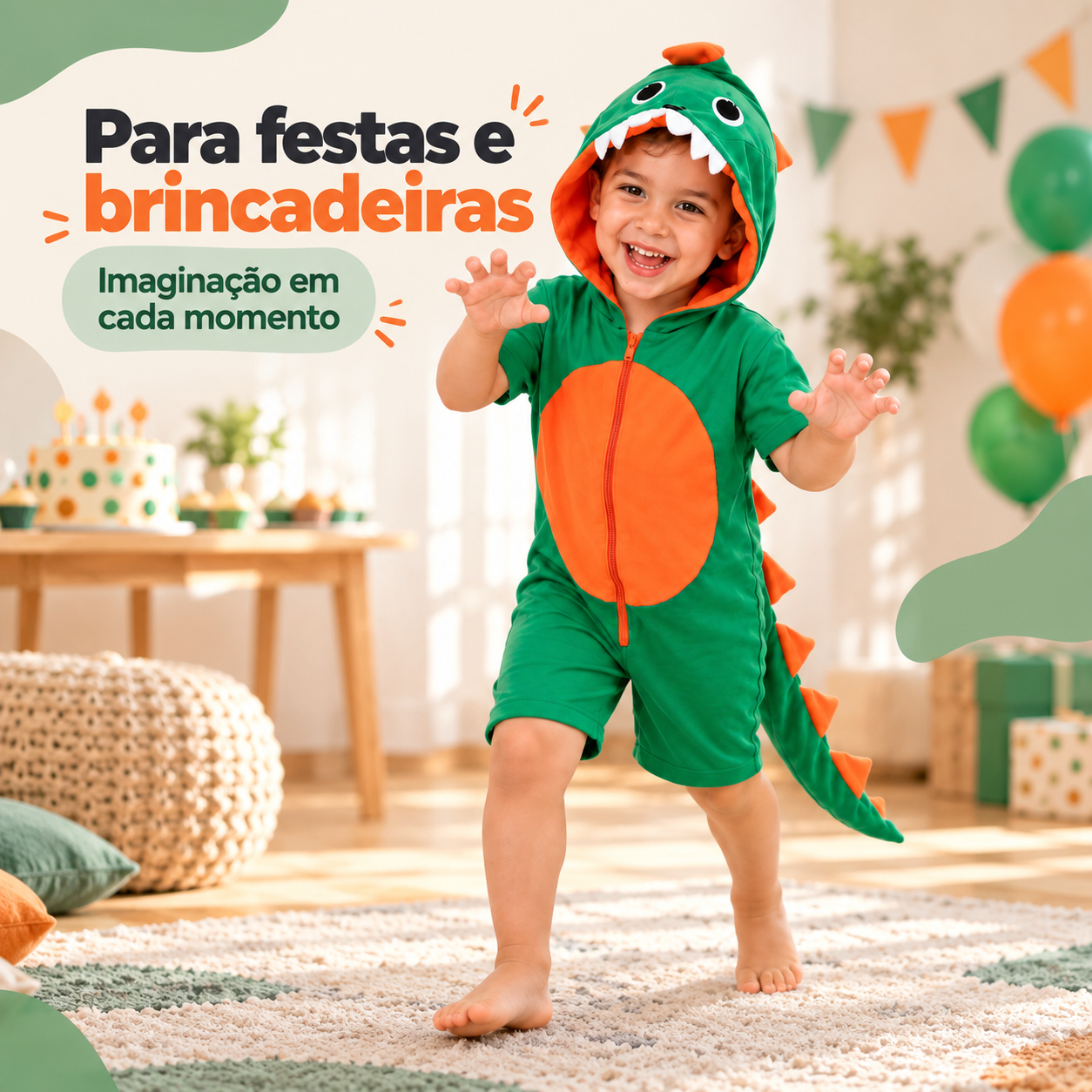 Criança usando fantasia de dinossauro em uma comemoração.
