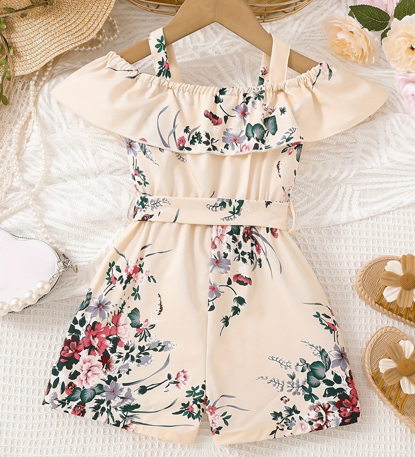 Macacão Infantil Feminino Floral Ombro a Ombro Franzido com Laço na Cintura Macacão Menina 04 Kabannas 