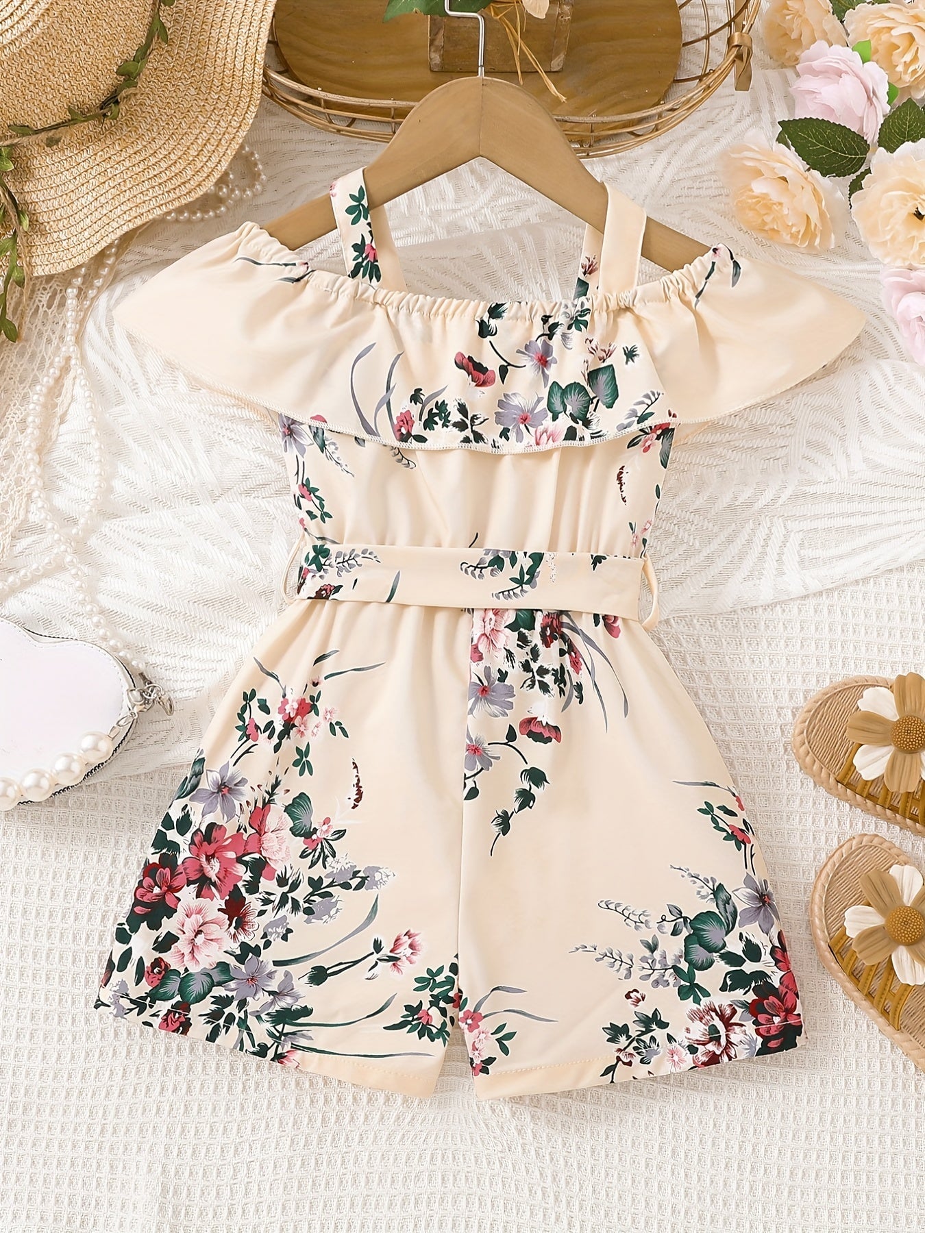 Macacão Infantil Feminino Floral Ombro a Ombro Franzido com Laço na Cintura Macacão Menina 04 Kabannas 