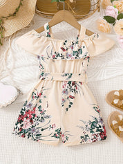 Macacão Infantil Feminino Floral Ombro a Ombro Franzido com Laço na Cintura Macacão Menina 04 Kabannas 
