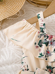 Macacão Infantil Feminino Floral Ombro a Ombro Franzido com Laço na Cintura Macacão Menina 04 Kabannas 