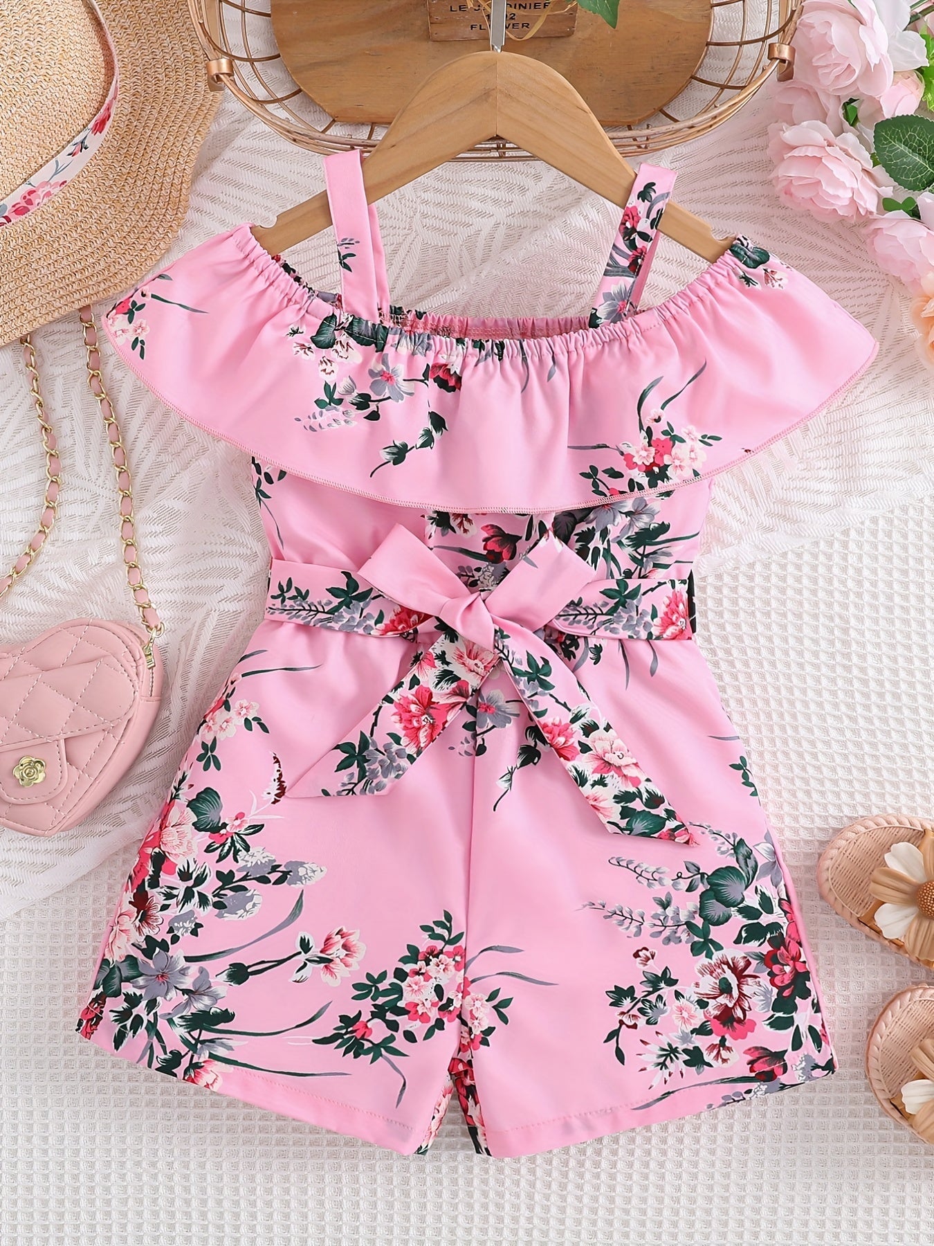 Macacão Infantil Feminino Floral Ombro a Ombro Franzido com Laço na Cintura Macacão Menina 04 Kabannas Rosa 1-2 Anos 