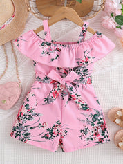 Macacão Infantil Feminino Floral Ombro a Ombro Franzido com Laço na Cintura Macacão Menina 04 Kabannas Rosa 1-2 Anos 