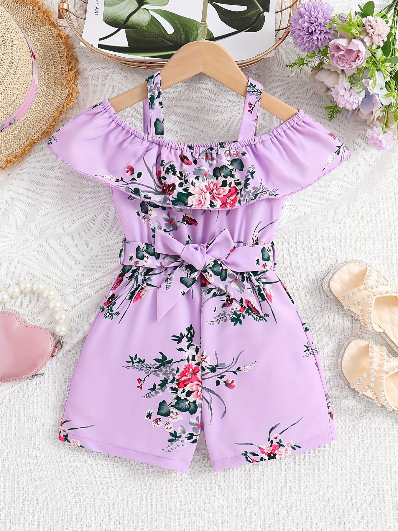 Macacão Infantil Feminino Floral Ombro a Ombro Franzido com Laço na Cintura Macacão Menina 04 Kabannas Roxo 1-2 Anos 