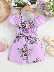 Macacão Infantil Feminino Floral Ombro a Ombro Franzido com Laço na Cintura Macacão Menina 04 Kabannas Roxo 1-2 Anos 