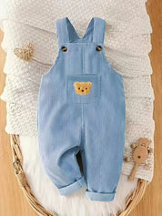 Macacão Infantil Masculino Jardineira Suspensório Veludo Cotelê Aplique Ursinho Macacão Menino 02 Kabannas Azul bebê 6-9 meses 