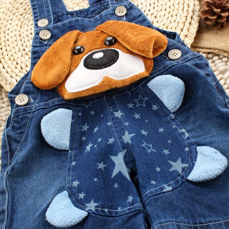 Macacão Jardineira Jeans Bebê Aplique 3D Cachorro Estrelas Macacão Unissex 01 Kabannas 