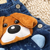 Macacão Jardineira Jeans Bebê Aplique 3D Cachorro Estrelas Macacão Unissex 01 Kabannas 