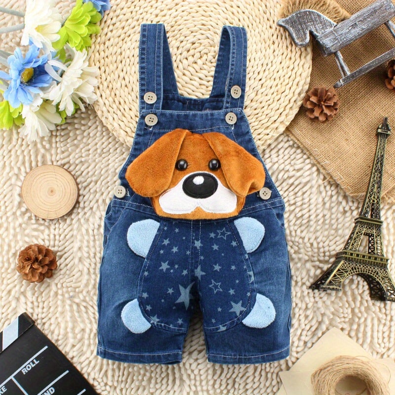 Macacão Jardineira Jeans Bebê Aplique 3D Cachorro Estrelas Macacão Unissex 01 Kabannas Azul 9-12 Meses 
