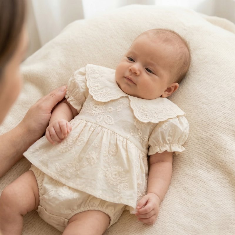 Macacão Vintage Bebê Floral com Gola Peter Pan Bordada - Off-White Moda Vintage Infantil 67 Kabannas 