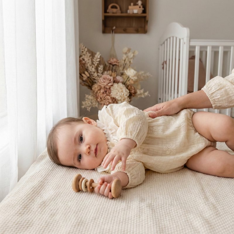 Macacão Vintage Bebê Menina com Gola Rendada em Algodão Macio Moda Vintage Infantil 13 Kabannas 