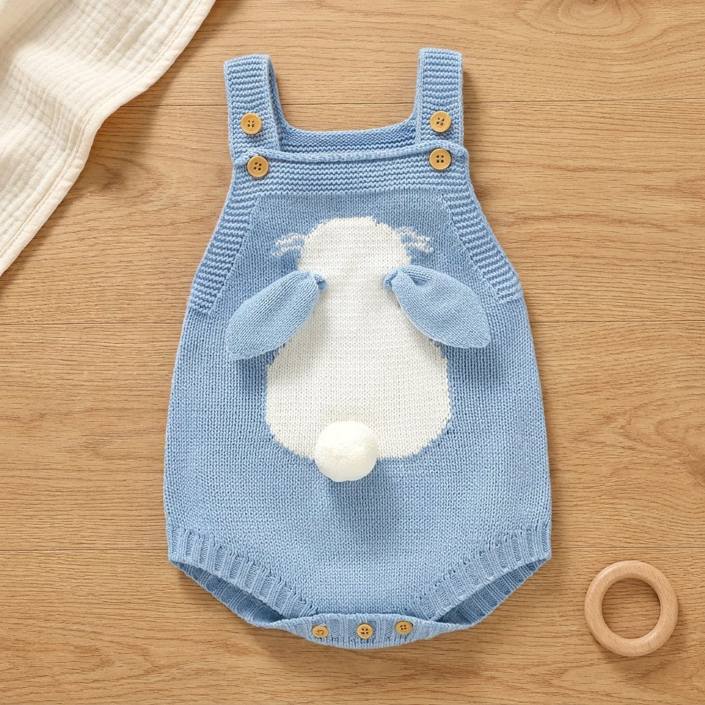 Macacão Vintage de Tricô Infantil - Coelhinho Clássico Moda Vintage Infantil 34 Kabannas Azul 1-3 Meses 