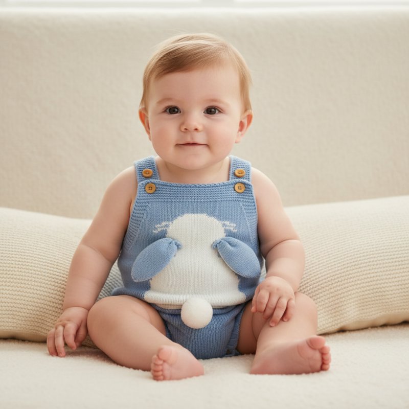 Macacão Vintage de Tricô Infantil - Coelhinho Clássico Moda Vintage Infantil 34 Kabannas Azul 9-12 Meses 