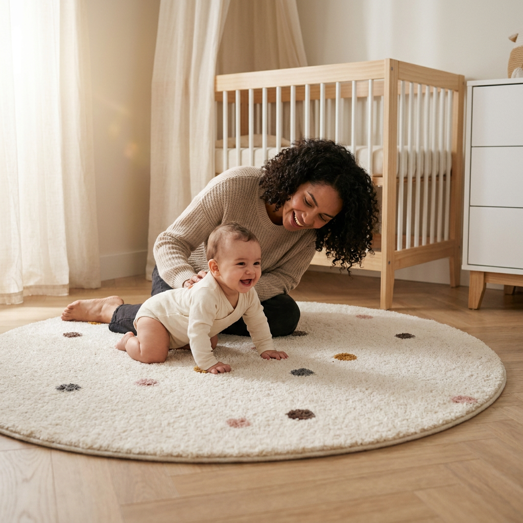 Tapete Infantil Redondo Macio Bege Poá Boho
