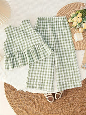 Conjunto 2 Peças Bebê Menina Regata com Folhos e Calça Wide Leg Xadrez