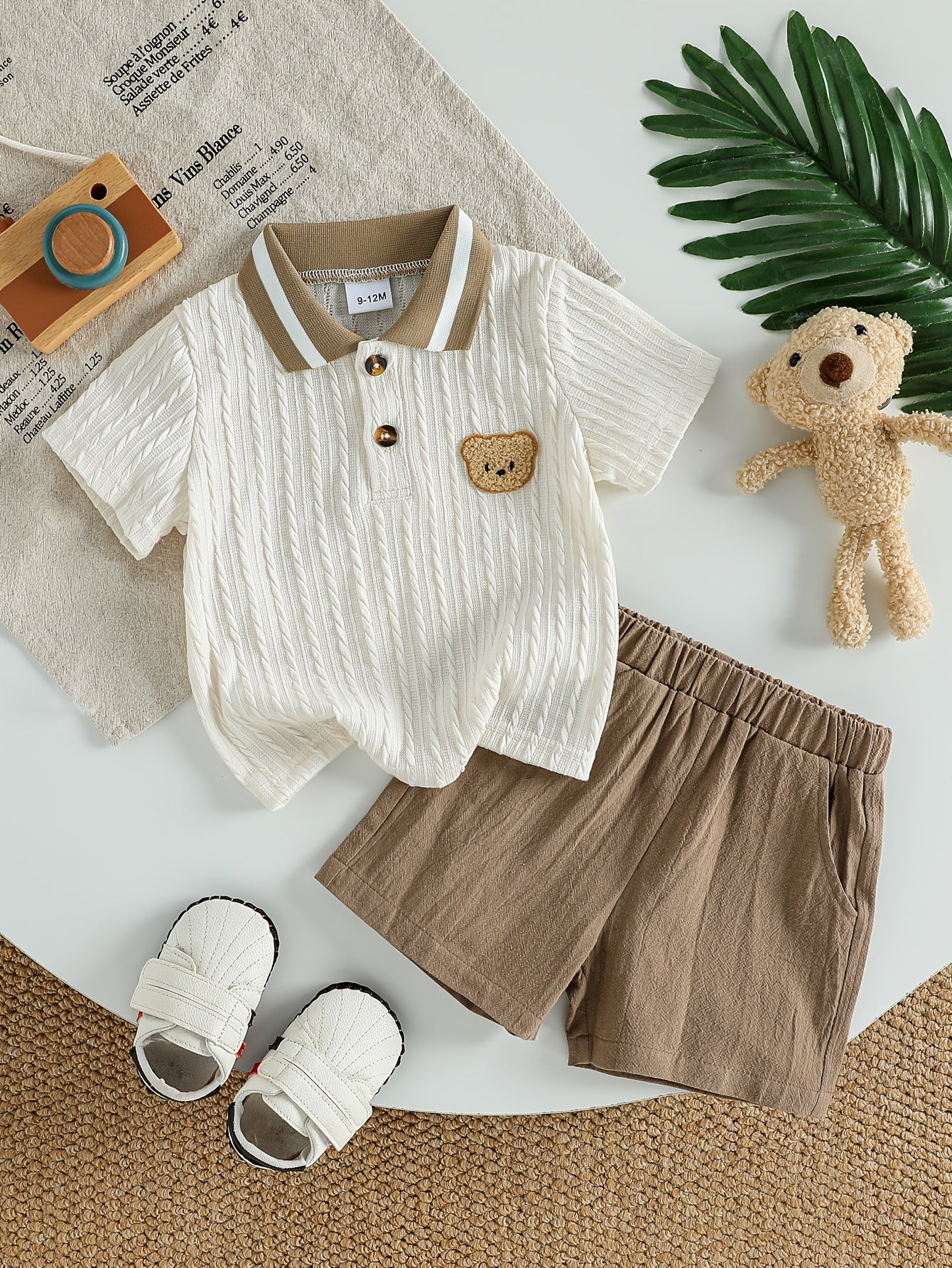 Conjunto 2 Peças Bebê Menino Polo Tricot Urso e Shorts Liso