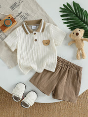 Conjunto 2 Peças Bebê Menino Polo Tricot Urso e Shorts Liso
