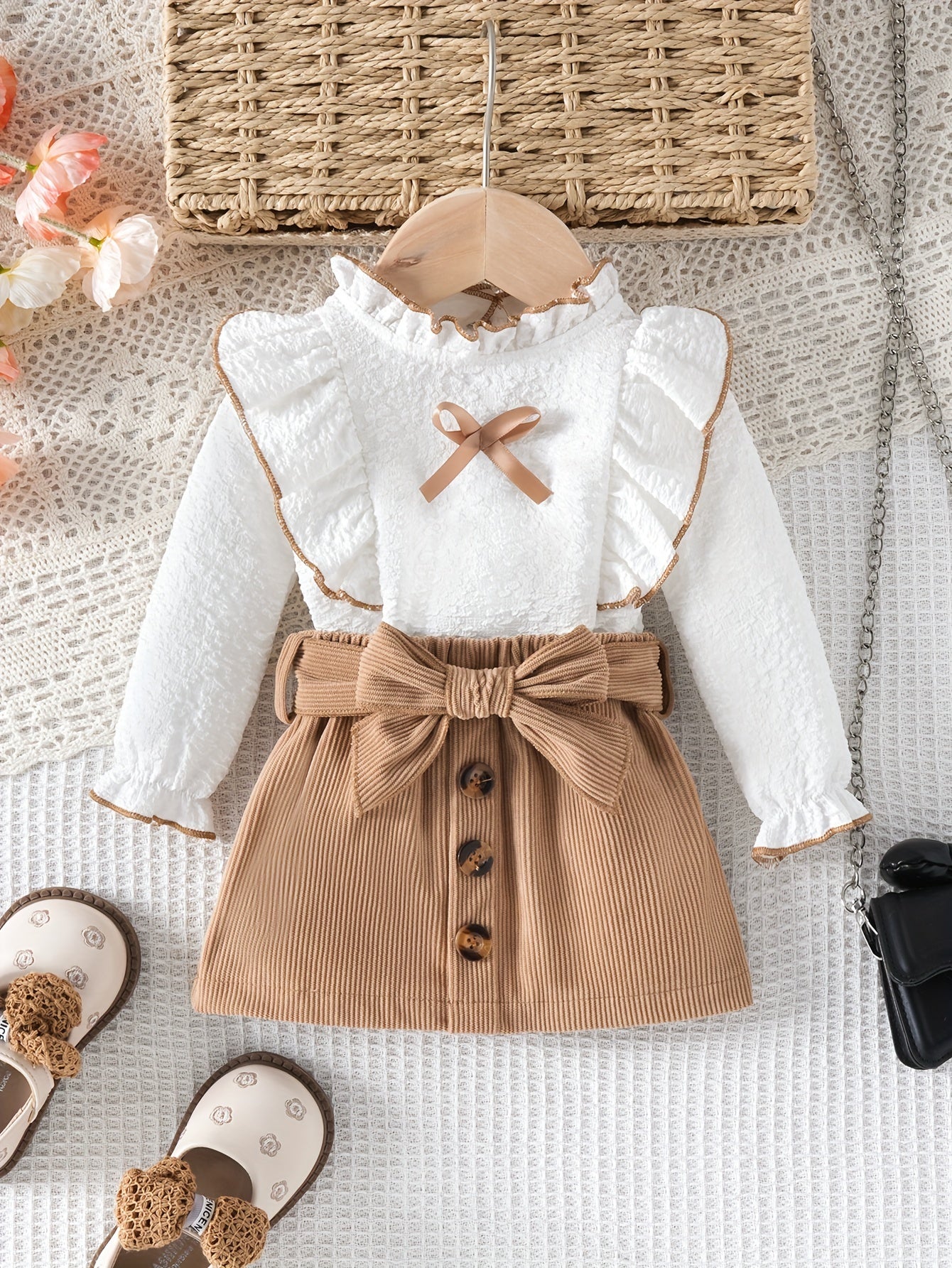 Conjunto 2 Peças Bebê Menina Blusa Texturizada Manga Longa Babado e Saia Cotelê Laço