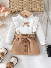 Conjunto 2 Peças Bebê Menina Blusa Texturizada Manga Longa Babado e Saia Cotelê Laço