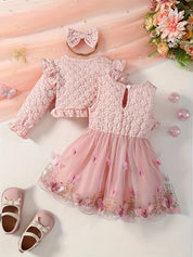 Conjunto Bebê Menina 3 Peças Vestido Tule Borboleta Bolero Jacquard Floral e Faixa